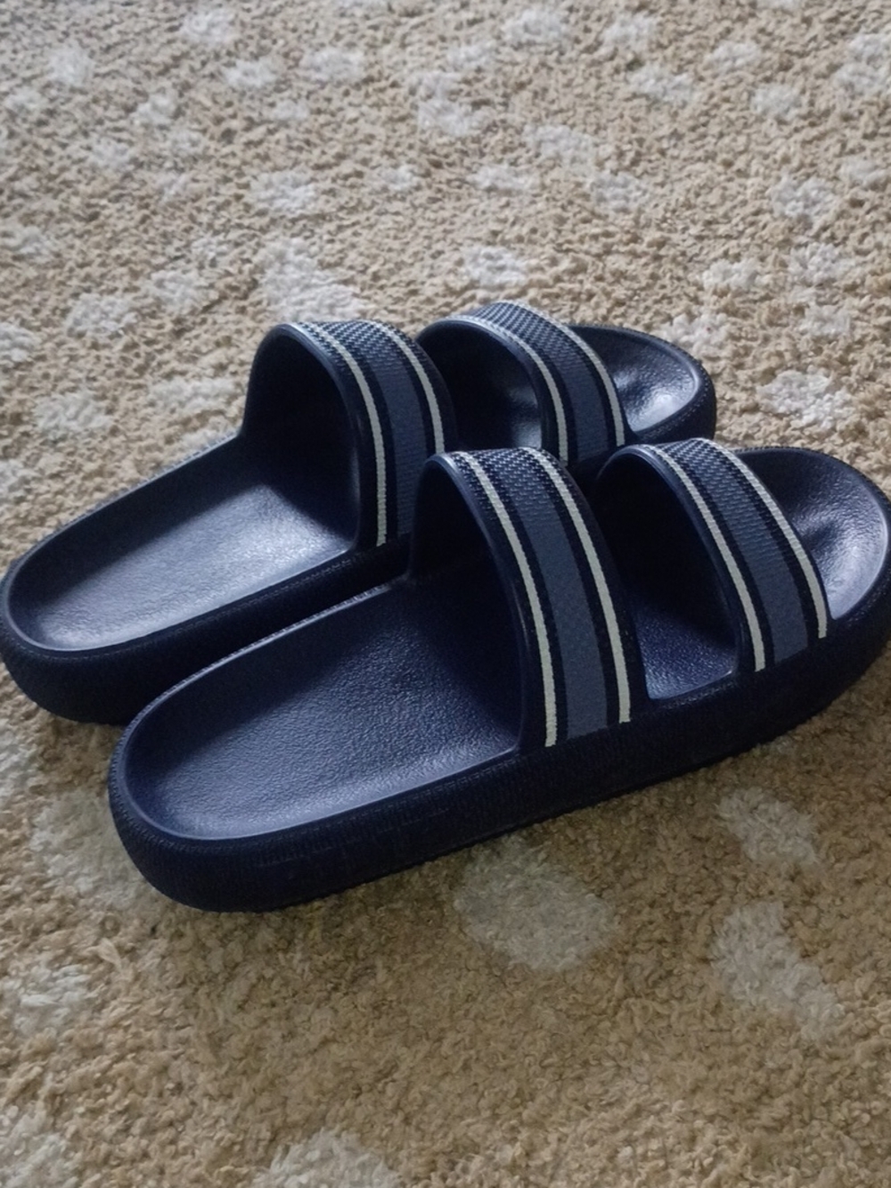 PINK-Navy Color Double-Strap Slide Sandals with White Stripes